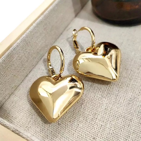Gold & Silver Color Solid Heart Pendant Hoop Dangle Earrings - Picture 3 of 9